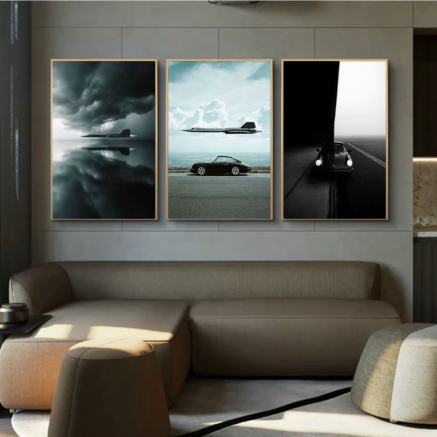 Moderne Leinwandmalerei von Potdemiel mit Blackbirds, Sportwagen und Kampfjets in Schwarz als Wandkunst für dein Wohnzimmer oder Schlafzimmer - Bild 2