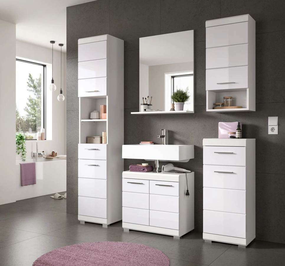 Inn.Furn Badmöbel-Set Shawn 2-teilig in Weiß Hochglanz mit Waschtischunterschrank und Spiegelschrank, Breite: 60 cm - Bild 4