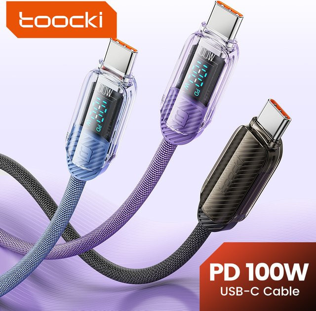 Toocki USB C auf Typ C Kabel 100 W Schnellladegerät mit LED-Anzeige in Transparent Blau - Bild 1