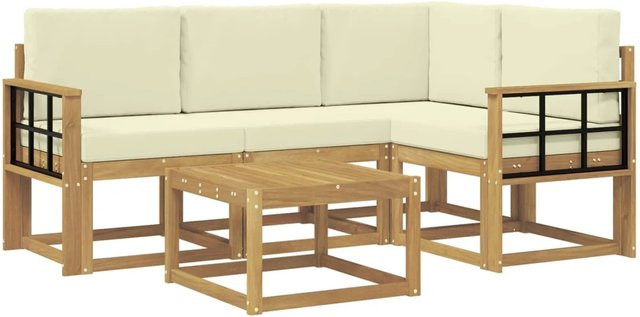 vidaXL Outdoor-Sofagarnitur 5-tlg. in L-Form aus Akazienholz mit Kissen, Weiß und Beige - Bild 1