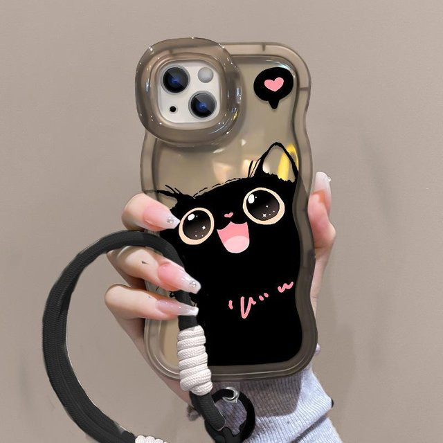 Schlüsselband mit schwarzer Katze für Apple iPhone 14 Pro Max, 15, 16 Pro Max in Schwarz und Transparent - Bild 1