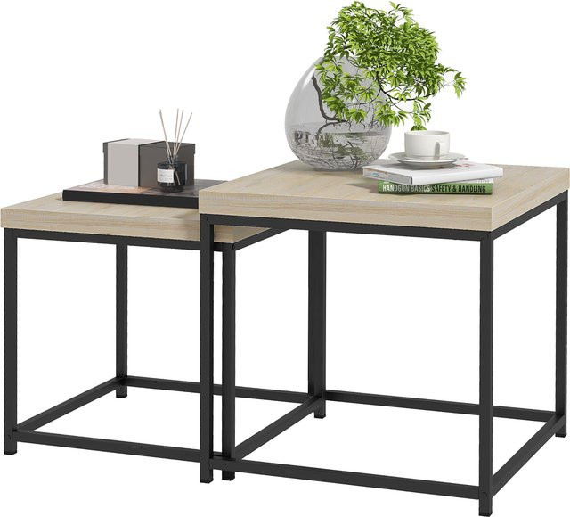 HOMCOM Set aus 2 stapelbaren quadratischen Couchtischen mit Stahlrahmen und hellen Holzplatten von Aosom - Bild 1