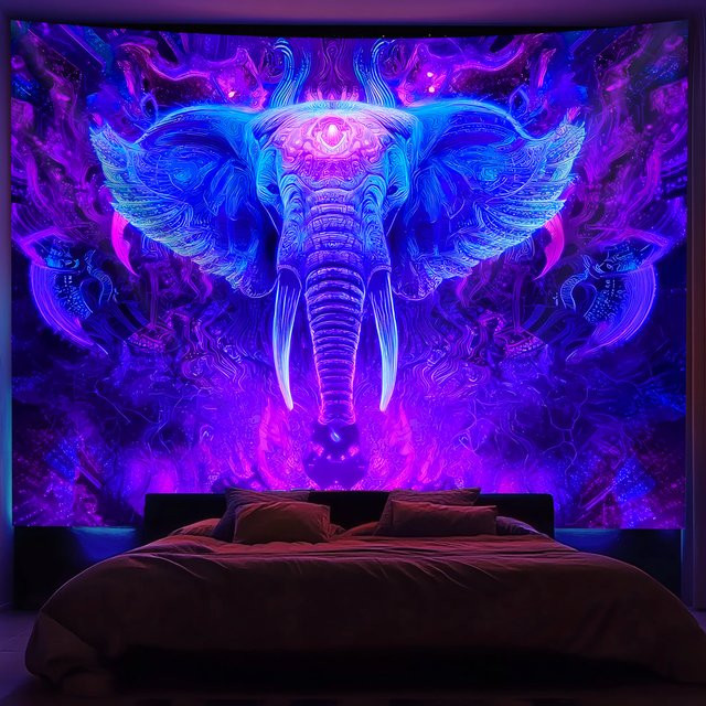 VIKAMA Wandteppich im Cyberpunk-Stil mit Elefantenflügeln in Neon-Lila, abstrakte Wanddekoration für dein Wohnzimmer, B/H: 60 x 40 cm - Bild 1