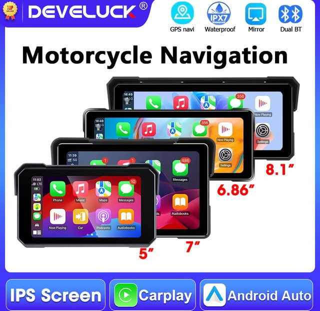 Develuck Tragbares Motorrad-Navigationsgerät mit GPS Touchscreen, Kabelloses CarPlay und Android Auto, IPX7 Wasserdicht, Schwarz - Bild 1