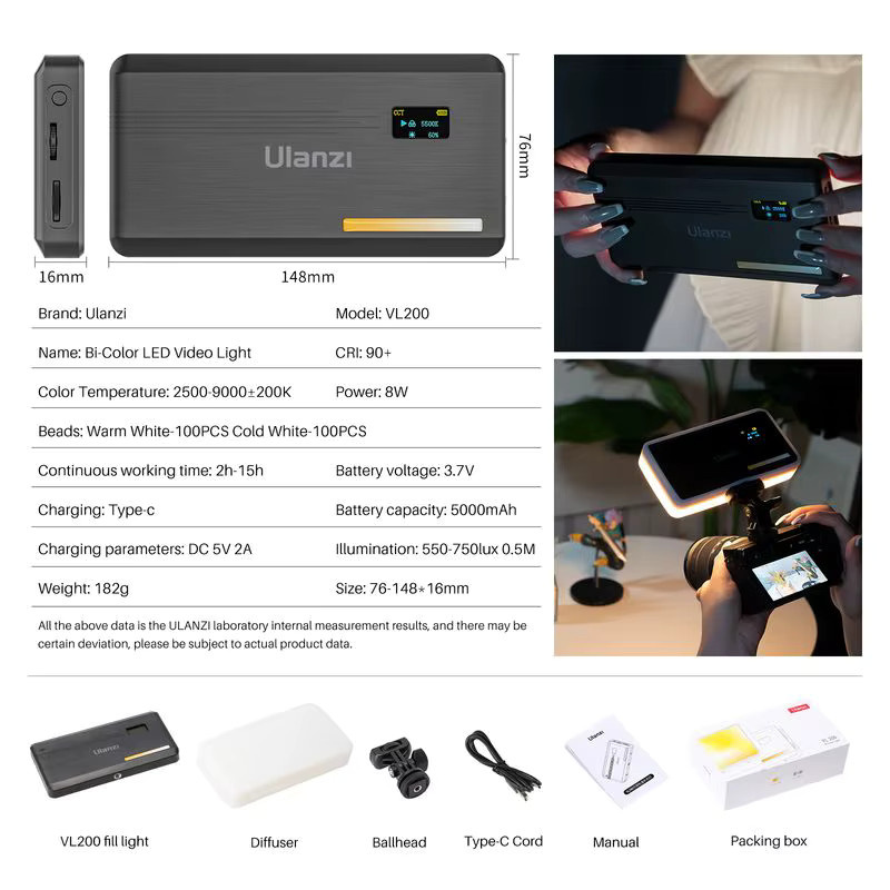 Ulanzi VL200 Bi-Color LED-Videoleuchte in Schwarz mit 5000 mAh Akku und einstellbarer Farbtemperatur 2500–9000 K - Bild 6