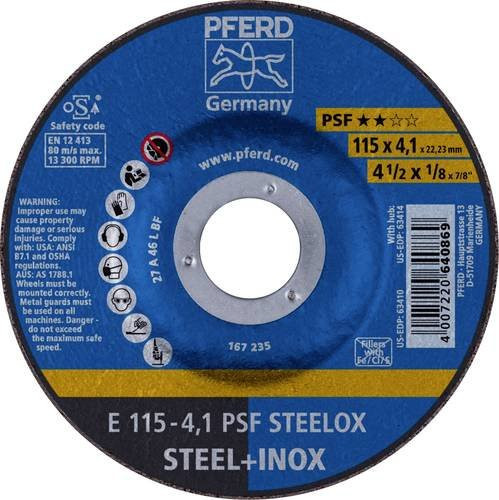 PFERD PSF STEELOX Schruppscheibe Universallinie für Stahl und Edelstahl, Durchmesser: 115 mm, Bohrungs-Ø: 22,23 mm, Farbe: Blau, 10 Stück - Bild 1