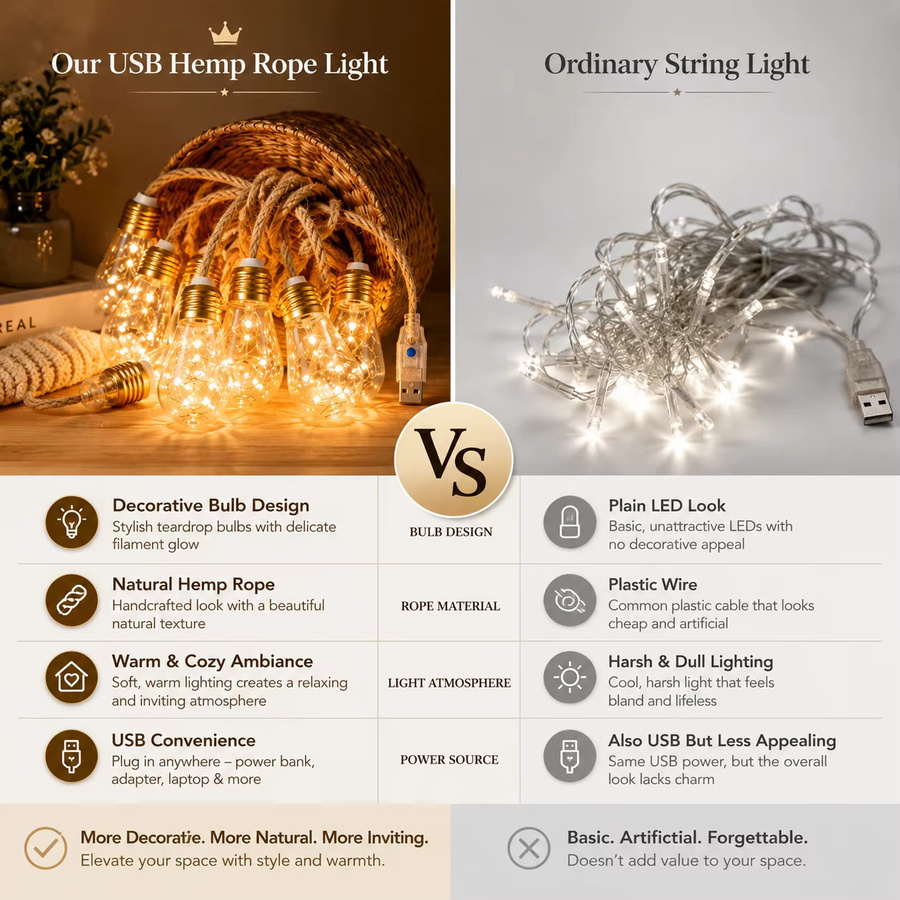 USB Hanfseil-Lichterkette mit warmweißen LED Vintage-Glühbirnen in Weiß für deine Dekoration im Schlafzimmer, auf dem Balkon oder bei Partys - Bild 3