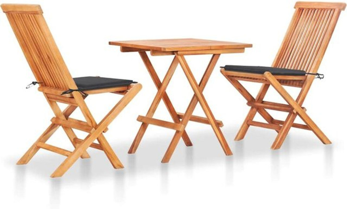 3-tlg. Bistroset Vidaxl aus Teak Massivholz mit anthrazitfarbenen Kissen in Braun - Bild 1