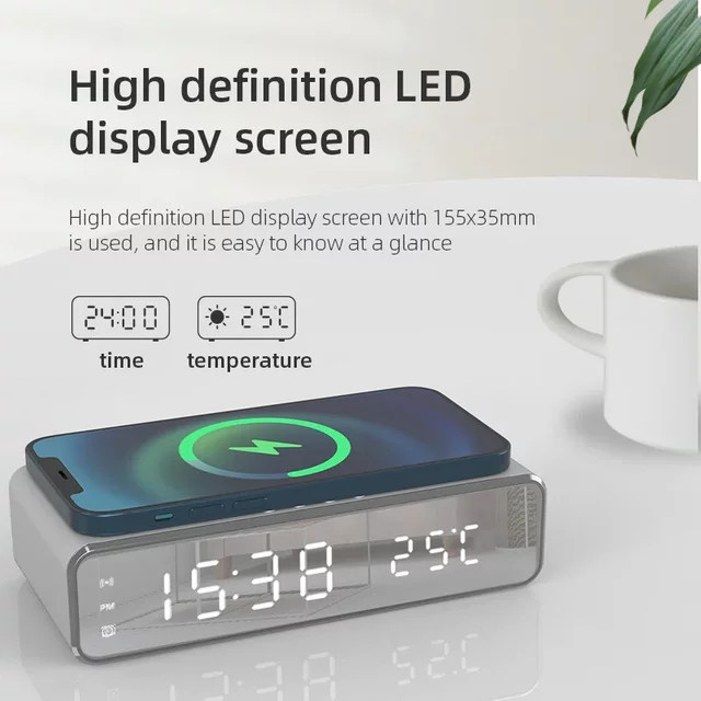 VIKEFON Kabellose Ladestation mit LED Digitalwecker, Thermometer und Schnellladegerät für iPhone und Samsung in Schwarz - Bild 1