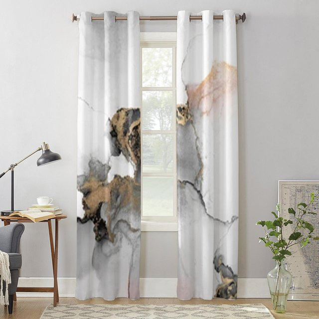 Super Six Vorhang mit abstraktem Marmor-Design in Schwarz, Gold und Weiß, halbtransparent, aus Polyester, Breite: 135 cm, Höhe: 60 cm - Bild 1