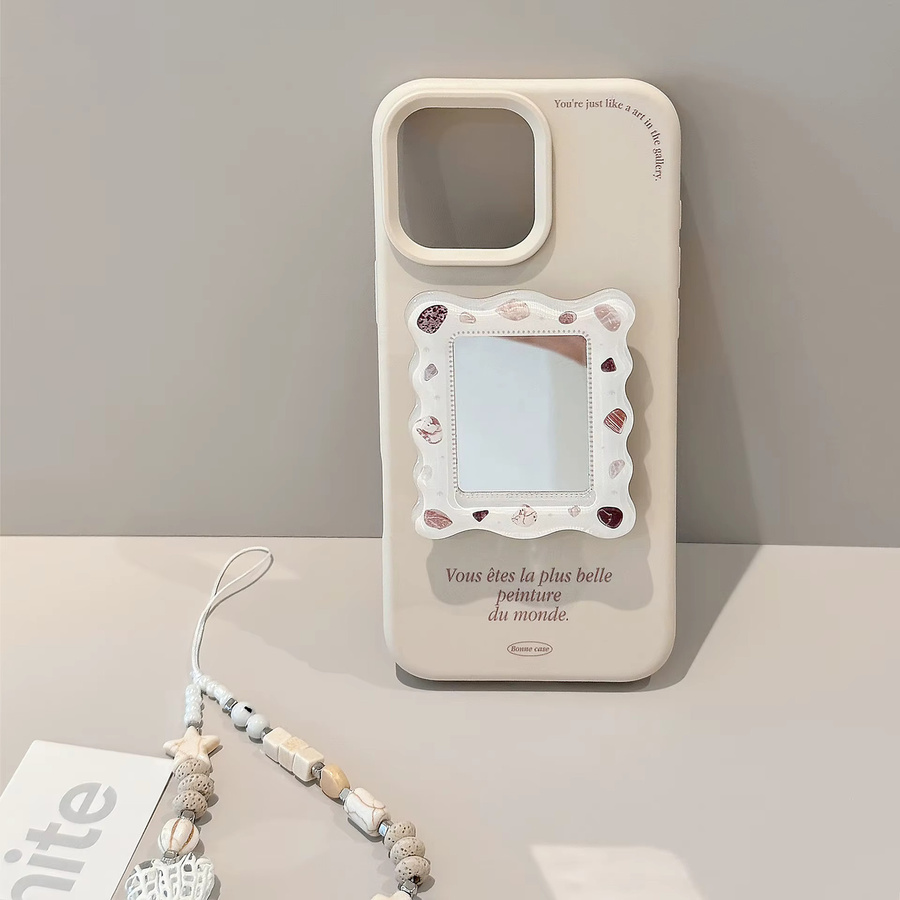 Apple iPhone Schutzhülle mit Koreanischen Buchstaben Design, Make-up Spiegel und Lanyard, stoßfeste Handyhülle für iPhone 17 16 15 14 13 12 Pro Max - Bild 2