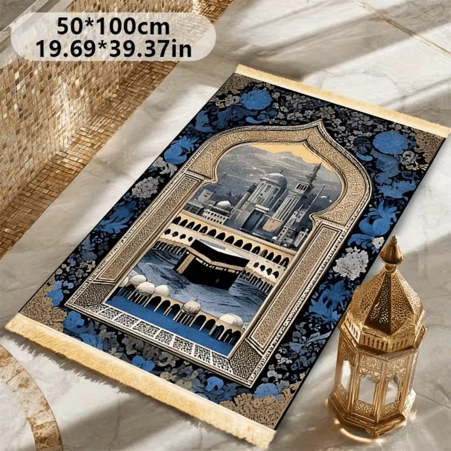 VIKAMA Gebetsteppich mit Kaaba-Muster in Blau, tragbare islamische Salah-Matte mit Quasten im orientalischen Design - Bild 2
