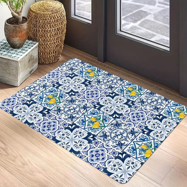 Lodestar Teppichmatte mit blau-weißem geometrischem Muster, rutschfest und maschinengewebt, B/T: 50 x 30 cm - Bild 1
