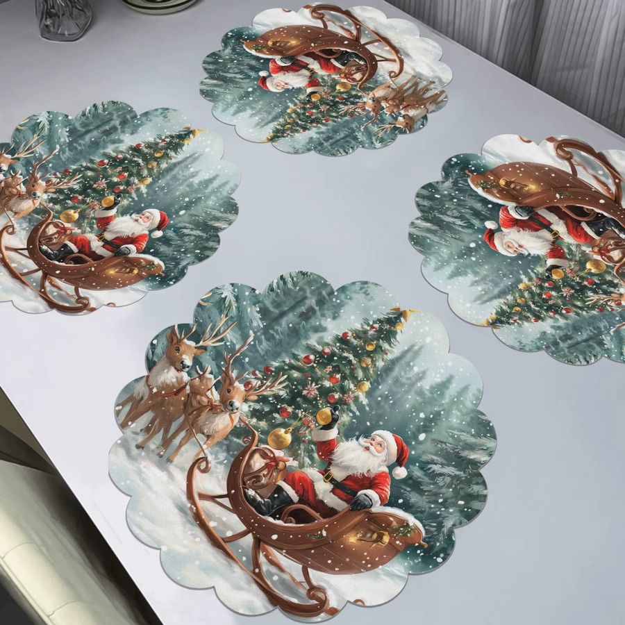 VIKAMA 4-teiliges Weihnachtsmann-Schlitten-Tischset mit Rentier-Schneeszene und Weihnachtsbaum zur Tischdekoration - Bild 2