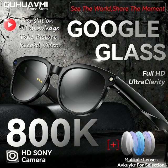 GUHUAVMI AI Smart Brille mit 8K HD Kamera, Bluetooth für Anrufe, Sprachassistent und KI-Übersetzung, Schwarz - Bild 1
