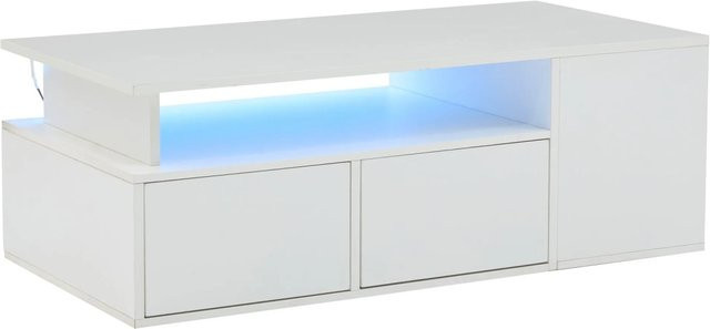 okwish Wohnzimmertisch mit LED und 2 Schubladen in Weiß, moderner Couchtisch mit Glanzoberfläche, Breite: 100 cm, Tiefe: 50 cm - Bild 1
