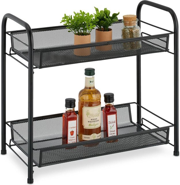 Relaxdays Gewürzregal aus Metall in Schwarz mit modernem Mesh-Design und 2 Ablagen, B/T/H: 44,5 x 48 x 27 cm - Bild 1