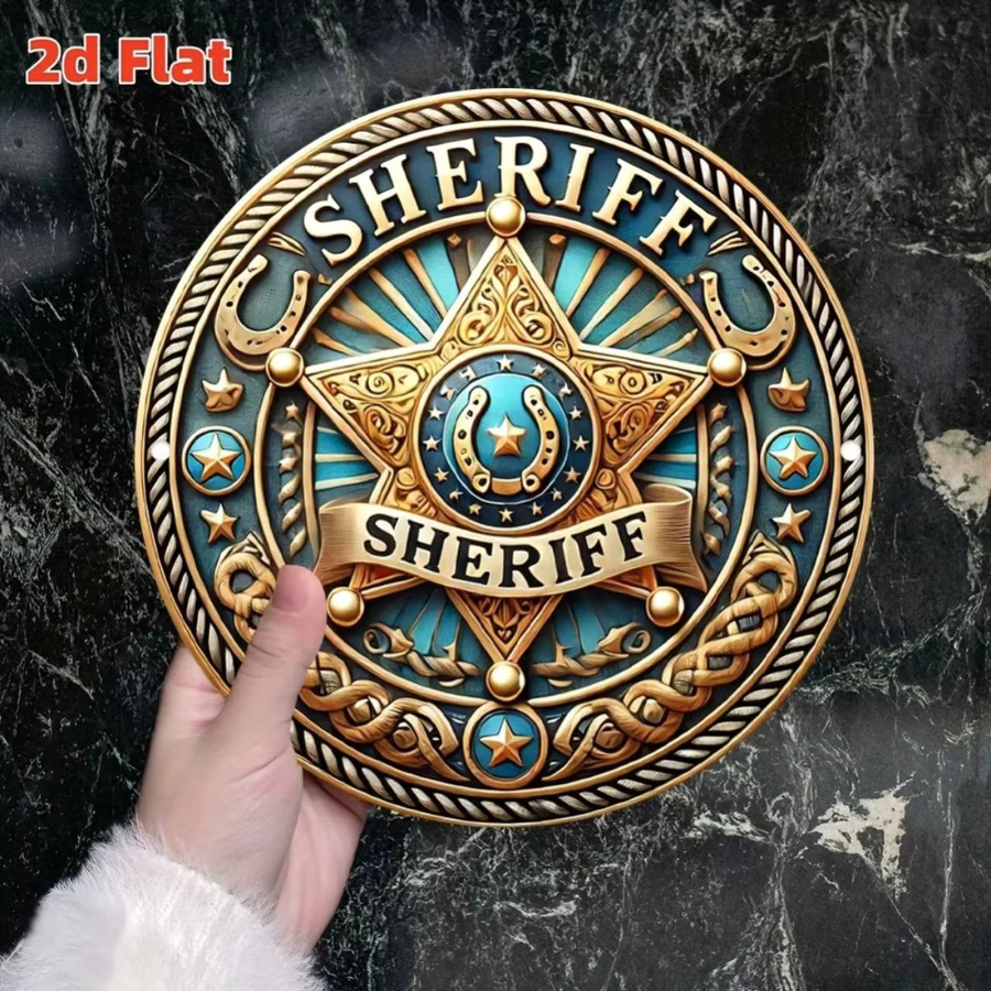 CIFBUY Retro-Western-Polizei-Emblem aus Aluminium mit Stern-Design in Blau und Gold, geometrische Wandkunst für Garten und Terrasse, Breite: 20 cm, Höhe: 20 cm, Tiefe: 1 cm - Bild 2