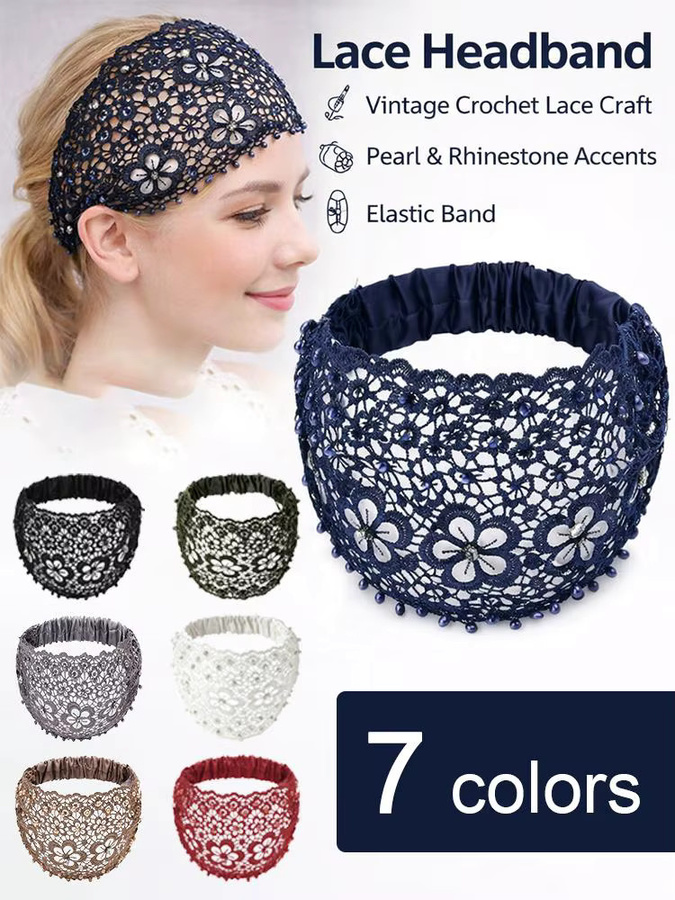 Stirnband Marineblau, Spitze, Blumen, Kunstperlen, Damen - Bild 6