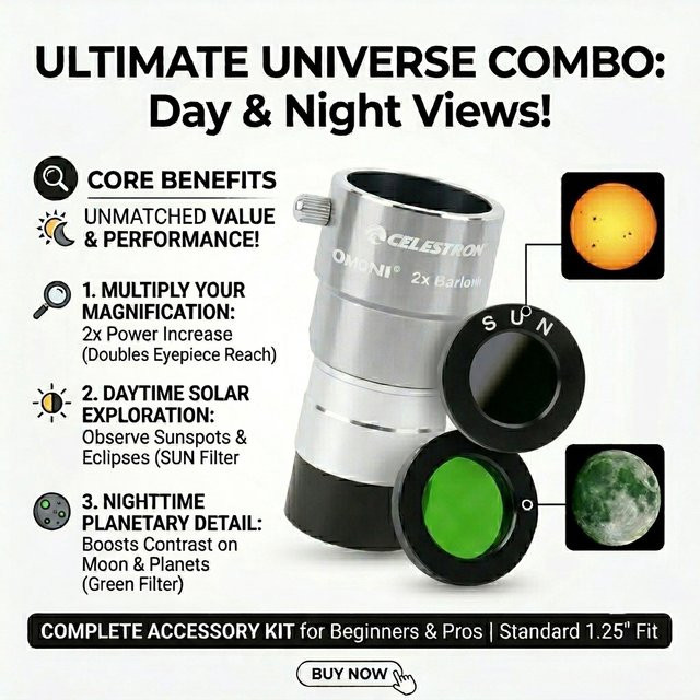 Celestron OmnI 2X Barlow-Linse 1,25 Zoll mit Solar-, Sonnen- und Mondfilter-Set für die Planetenbeobachtung, Multicolor - Bild 1