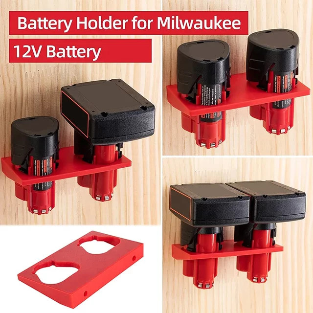 2er-Set Batterie Halter Wandhalterung für Milwaukee 12V Li-Ion Akkus in Rot - Bild 1