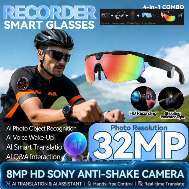 KULANNDER KI Outdoor-Sportkamera-Brille mit 800W HD Action-Aufnahme, Anti-Shake-Funktion und 3D Surround Sound für Herren - Bild 1