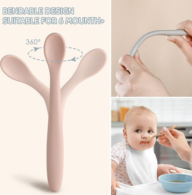 Ergonomisches Baby-Besteck-Set aus weichem Silikon in Pink für das Füttern und Training - Bild 1
