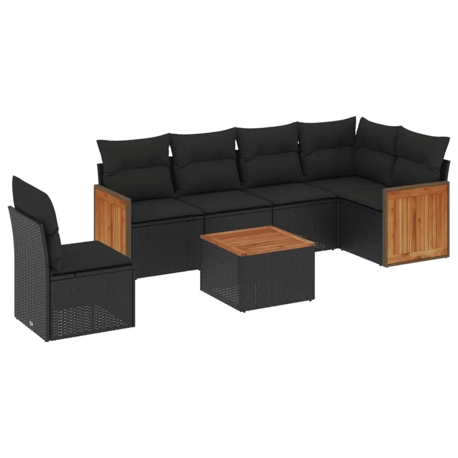 vidaXL 7-teilige Garten-Sofagarnitur in L-Form aus Poly-Rattan und Akazienholz mit Kissen in Schwarz - Bild 2