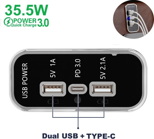 KEBETEME Dual USB Auto Ladegerät mit PD 3.0 und Typ-C Schnellladefunktion, 35,5 W Power Adapter in Schwarz für Motorrad, Lkw, ATV und Boot - Bild 1