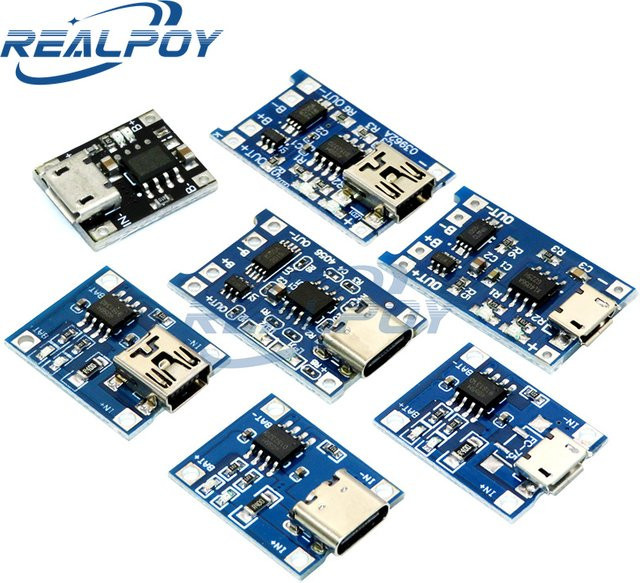 REALPOY TP4056 Lithium-Batterie-Ladeplatine mit Schutz, 5 V, 1 A, Micro-USB und USB-C, Blau - Bild 1