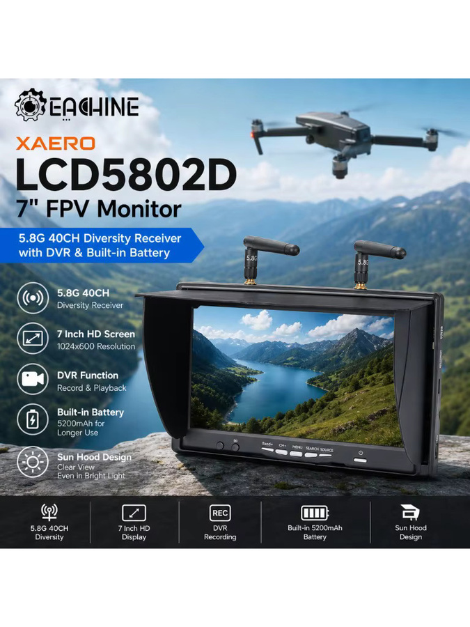 Eachine XAERO LCD5802D 7 Zoll FPV-Monitor in Schwarz mit 5,8G 40CH Diversity-Empfänger, DVR und integriertem Akku für RC-Drohnen - Bild 5