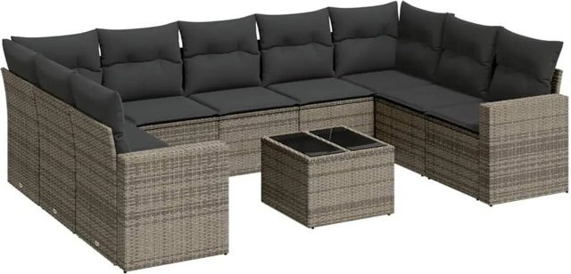 vidaXL 10-tlg. Garten-Sofagarnitur in L-Form aus grauem PE-Rattan mit Kissen und pulverbeschichtetem Stahlgestell - Bild 1