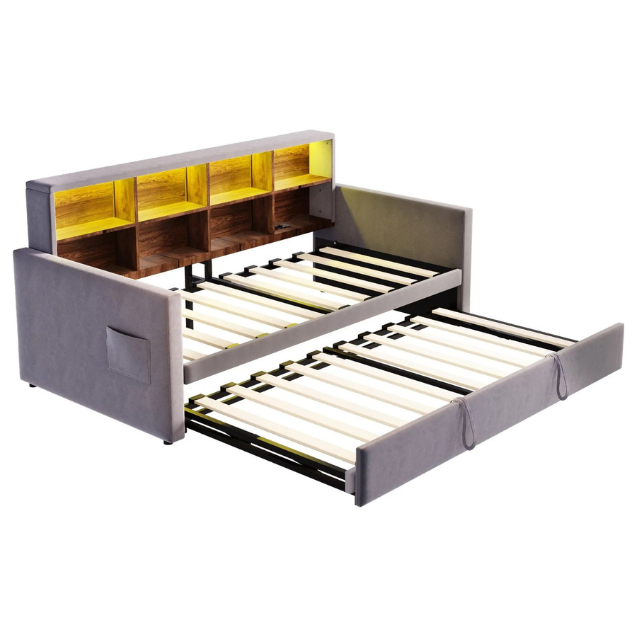 Merax Schlafsofa aus Samt in Dunkelgrau mit LED-Beleuchtung, USB-Ladeanschluss und Stauraum, B/T/H: 90 x 190 x 104 cm - Bild 2