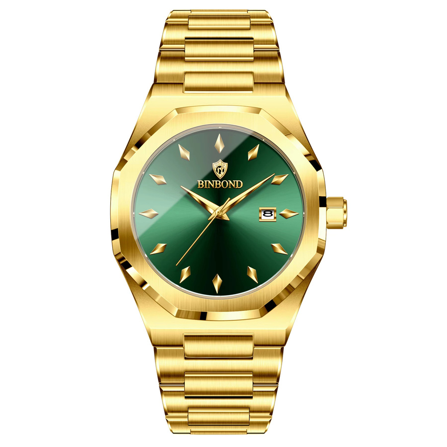 BINBOND Armbanduhr Quarz, Edelstahl, Gold, Grün, Herren - Bild 7