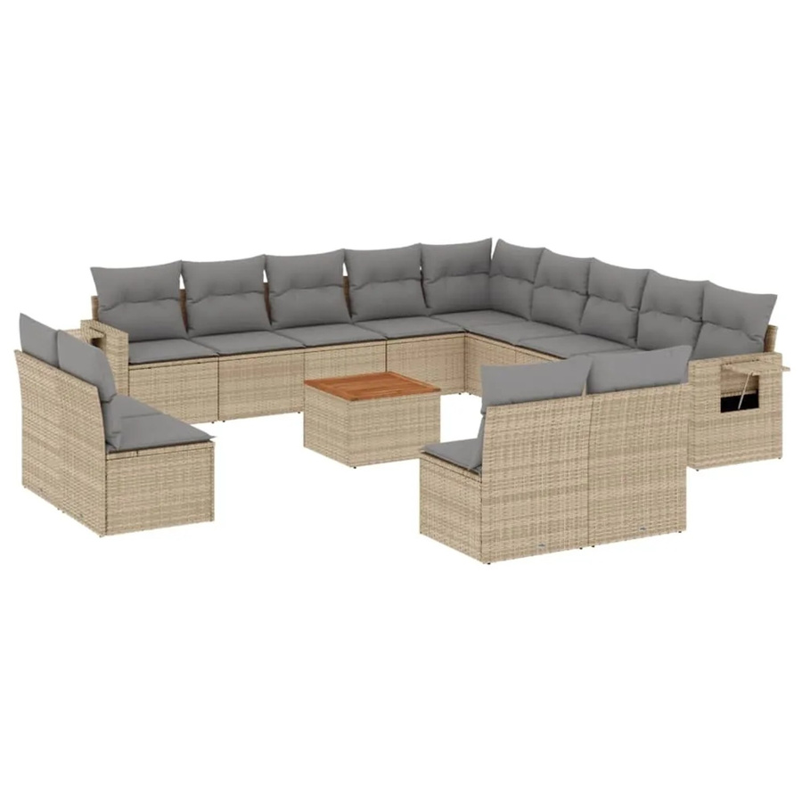 vidaXL 14-teilige Garten-Sofagarnitur aus Poly-Rattan und Akazienholz in Beige-grau mit Kissen - Bild 2