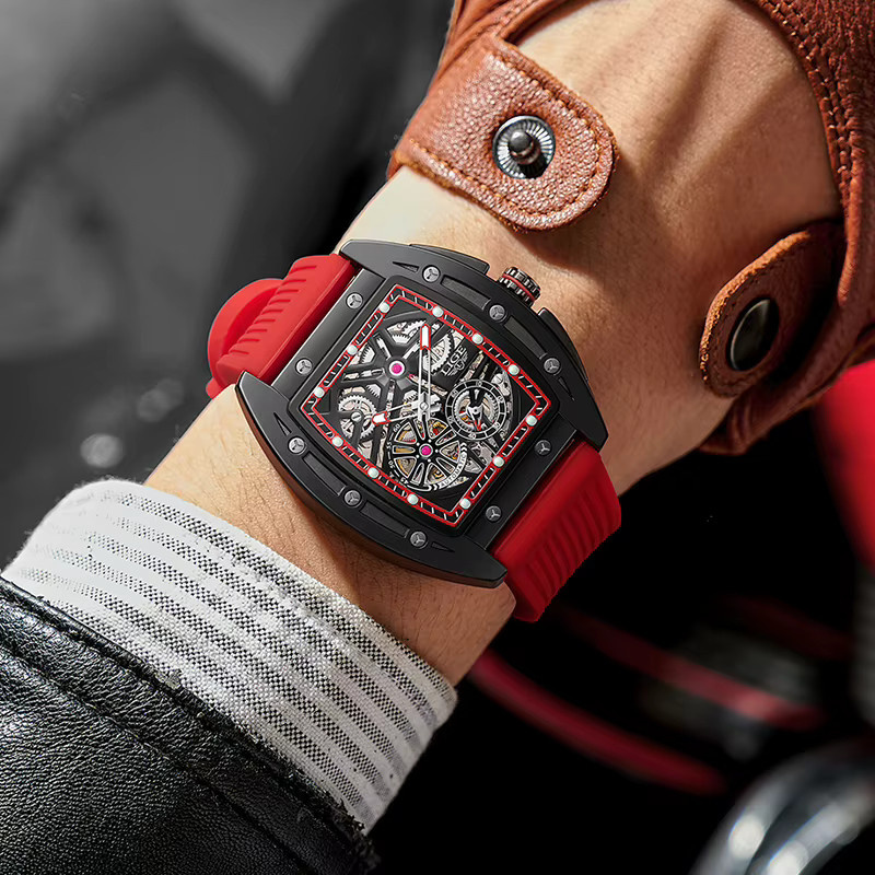 LIGE Armbanduhr Automatik, Skelett, Edelstahl, Kautschuk, Schwarz, Herren - Bild 4