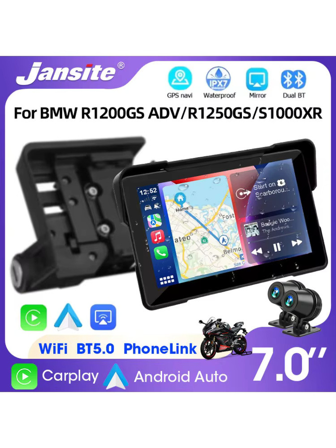 Jansite 7 Zoll Motorrad Dashboard mit drahtlosem CarPlay und Android Auto, tragbarer GPS Navigation Bildschirm in Schwarz für BMW R1200GS R1250GS S1000XR mit Bluetooth - Bild 7
