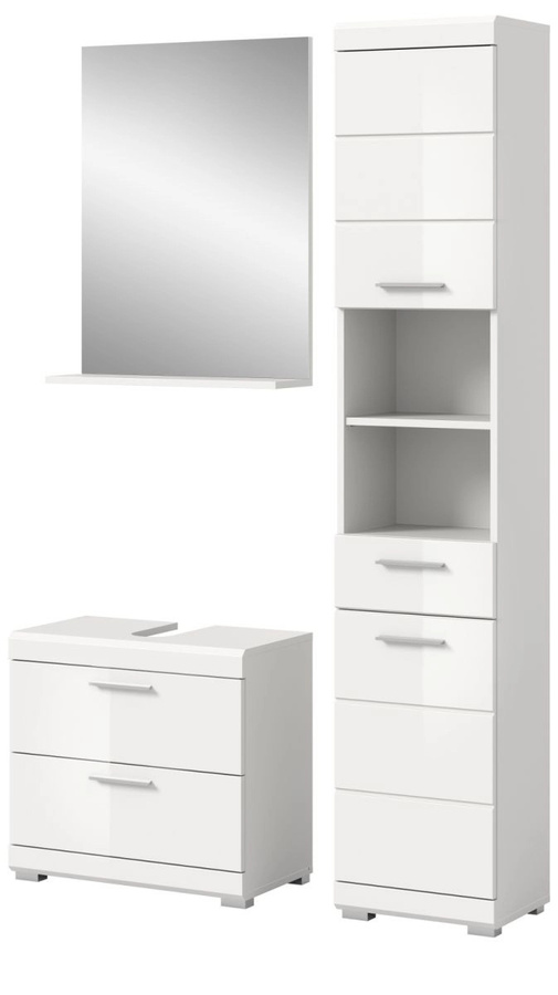Inn.Furn Badmöbel Set Shawn 3-teilig in Weiß Hochglanz mit Waschtischunterschrank, Spiegelschrank und Hochschrank, Breite: 112 cm - Bild 4