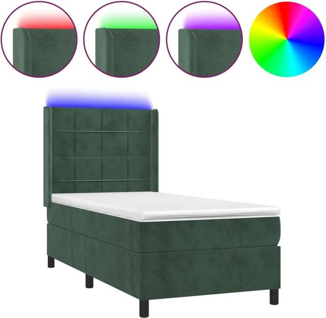 vidaXL Boxspringbett mit Matratze in Dunkelgrün aus Samt mit LED-Unterbodenbeleuchtung und USB-Anschluss, B/T/H: 100 x 200 x 118 cm - Bild 1