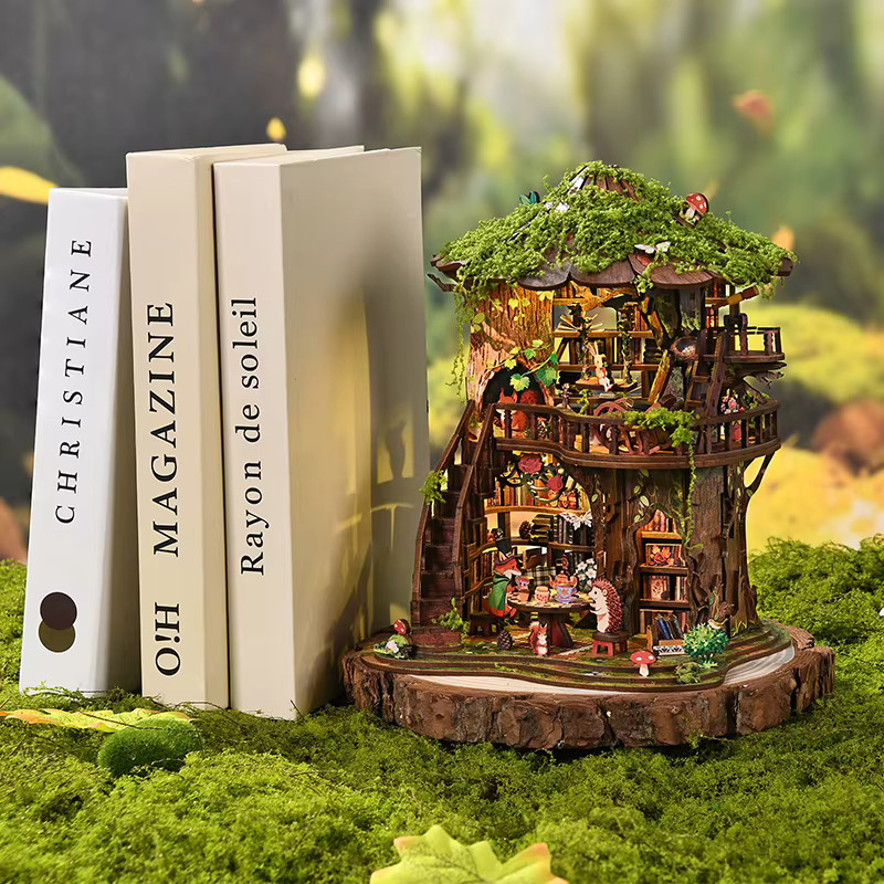 ELEVEN-CUTE DIY Holz-Wald-Buchclub-Bücherregal-Miniaturmodellbausatz, mit Möbeln, LED-Beleuchtung - Bild 3