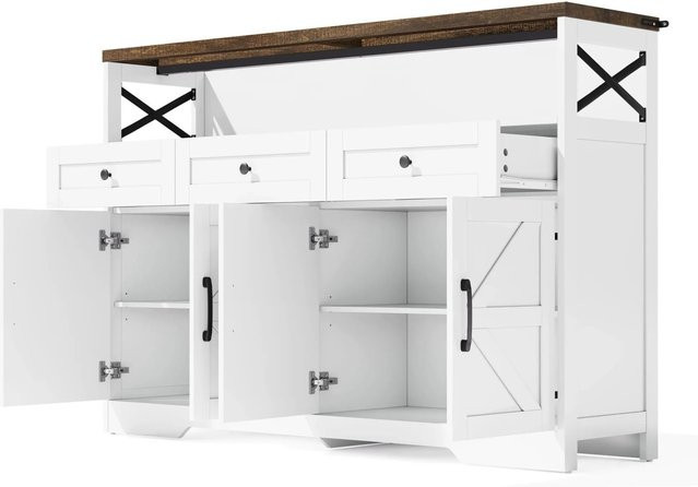 okwish Buffetschrank mit 3 Schubladen und Türen für Küche und Wohnzimmer, Weiß Braun, B/H/T: 140 x 95 x 35 cm - Bild 1