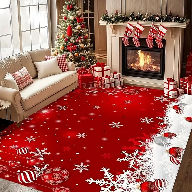 VIKAMA Weihnachtsteppich mit Schneeflocken-Design in Rot für Wohnzimmer und Schlafzimmer - Bild 3