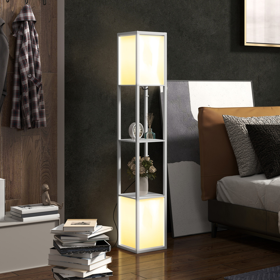HOMCOM Moderne Stehleuchte mit Regalen und Stofflampenschirm in Weiß für Wohnzimmer, Schlafzimmer oder Büro - Bild 1