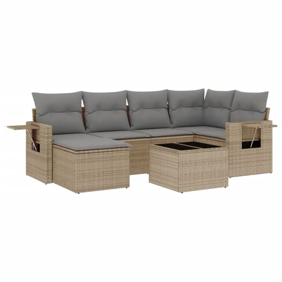 vidaXL 7-teilige Garten-Sofagarnitur in L-Form aus Poly-Rattan in Beige mit wetterfesten Kissen und Armlehnen - Bild 2