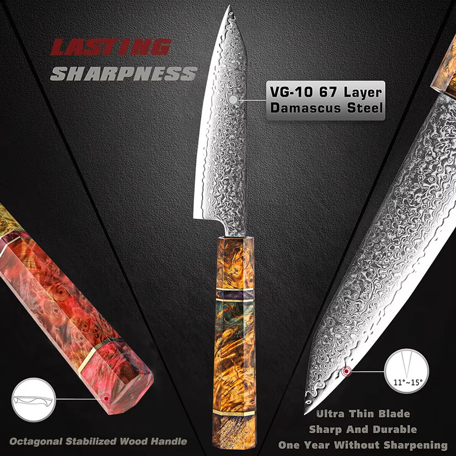 Xituo Damaskus Allzweckmesser aus Damaststahl mit achteckigem Holzgriff, 12,7 cm - Bild 3