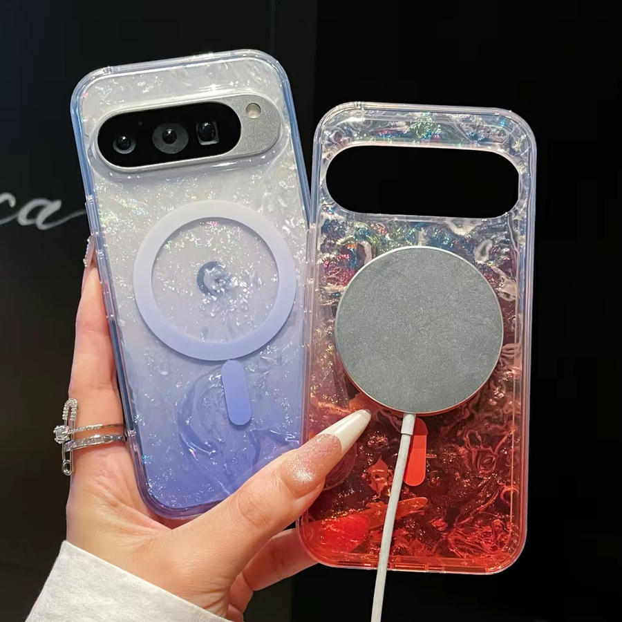 Stoßfeste MagSafe Magnetgehäuse mit Ocean Shell Pattern für Google Pixel 11, 10, 9 Pro XL und 11 Pro in Transparent Blau mit Glitzer-Effekt - Bild 1