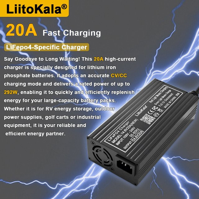 Liitokala LiFePO4-Batterieladegerät 14,6V 20A mit 4S 12V Klemmadapter und Barrel-Plug, Schwarz - Bild 1