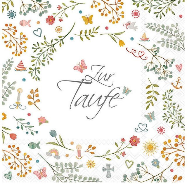 Serviette Zur Taufe mit Blumen Schmetterlingen und Zweigen in Multicolor, B: 33,0 cm, H: 33,0 cm - Bild 1