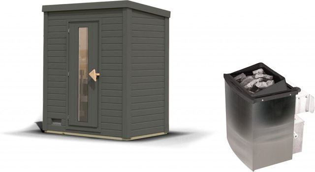 Saunahaus HYTTI 0 in Terragrau mit 9.0 kW Ofen und integrierter Steuerung, B/T: 196 x 113 cm, Wandstärke 38 mm - Bild 1