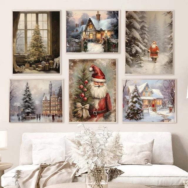 Potdemiel Minimalistische Leinwand Nordic Poster mit Weihnachtsmann und Weihnachtsbaum als Aquarell Illustration in Mehrfarbig - Bild 1